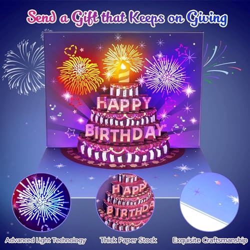 Image of INPHER UPGRADED Birthday Cards Fireworks Pop Up Cake Light and Music Happy Birthday Gifts Decorations for Women, Men, Mom, Grandma