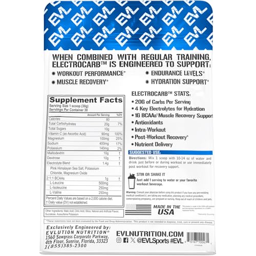 Image of Evlution Nutrition ElectroCarb - Electrolytes + Carbohydrates - Hydration Support, Endurance & Muscle Recovery - 20g Carbs, 4 Key Electrolytes & 1g BCAAs - Blue Raspberry - 30 Servings