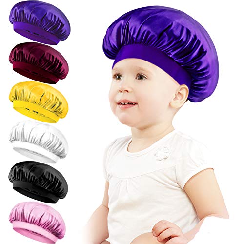 Duufin 6 Pieces Satin Bonnets Sleeping Caps Wide Band Sleeping Hats for Kids Toddlers