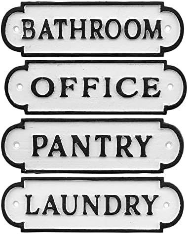 AuldHome Farmhouse Decor Metal Signs, Set of 4 Decorative Cast Iron Door Room Plaques with "Pantry", Office", Bathroom" and "Laundry"