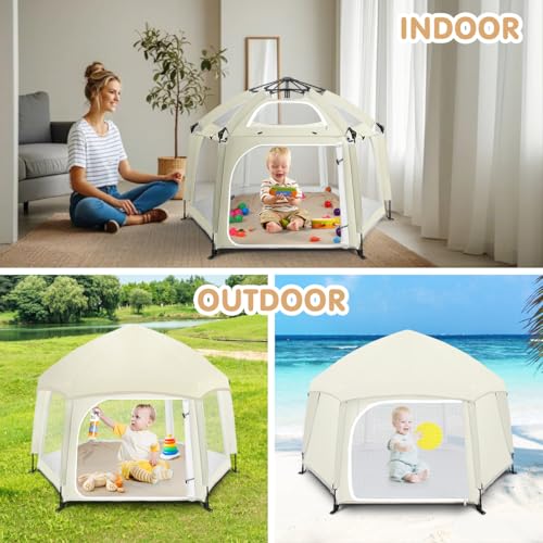 Image of Pop Up Playpen for Baby, Portable Playpen for Babies and Toddlers with Removable Sun-Shades& 2 Side UV Covers, Lightweight Outdoor Baby Play-Pen for Beach Home with Travel Bag, Beige