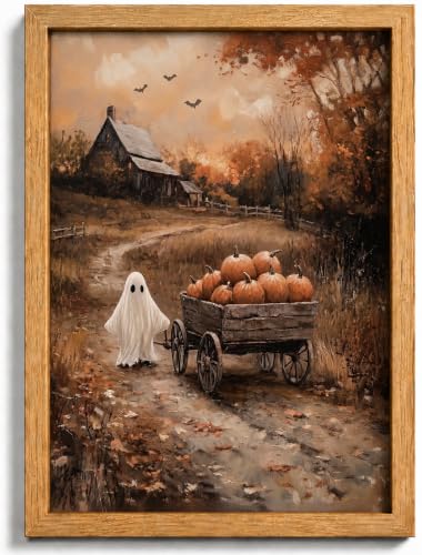 Framed Ghost Pumpkin Wall Art Vintage Halloween Canvas Print Rustic Farmhouse Autumn Cottagecore Spooky Countryside Painting for Bedroom Living Room Entryway Decor(12x16Inch)