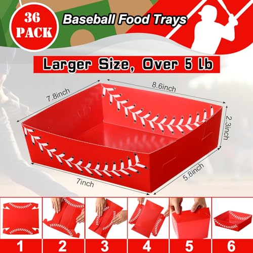 Image of Teling 36 Pcs Large Baseball Plates Party Trays 5 Lb Food Boat,Red | Paper Plates with Baseball Designs, Holds Nachos Burgers Fries, For Softball Birthday Party Supplies, Serving Snack Boats