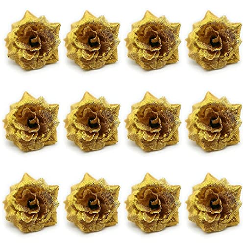 Image of SATYAM KRAFT 12 Pcs Artificial Eden Rose Flower Heads | Fabric Fake Roses for Home Decoration, Mandir Pooja, Wedding, DIY Craft & Cake Decoration, Floral Arrangements (4 cm) (Golden)