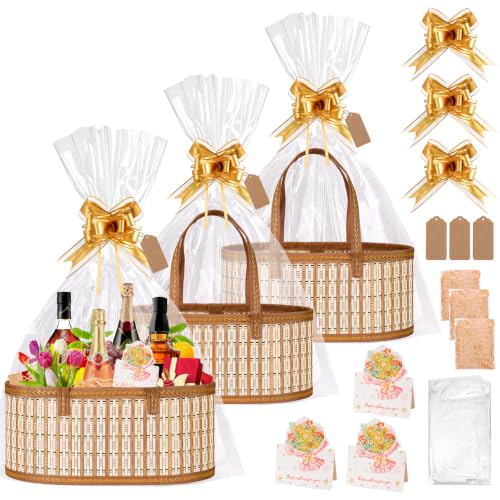 Image of Dreamtop 3 Set Baskets for Gifts Empty, Woven Bamboo Gift Basket Empty Large with Handles, Sturdy Gift Basket Kit Empty to Fill for Christmas Birthday Baby Shower Wedding Gift