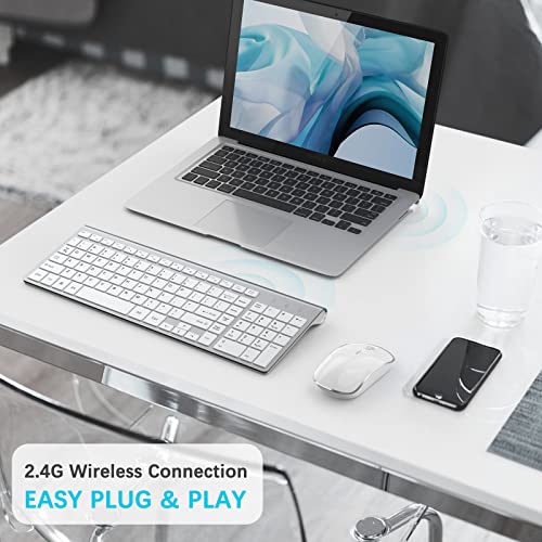 Wireless Keyboard And Mouse Combo,J Joyaccess 2.4G Slim Wireless Keyboard Mouse-Portable, Full Size, Ergonomic, 2400 Dpi,Extreme Power Saving,Sleek Design-White+Silver #TOP1