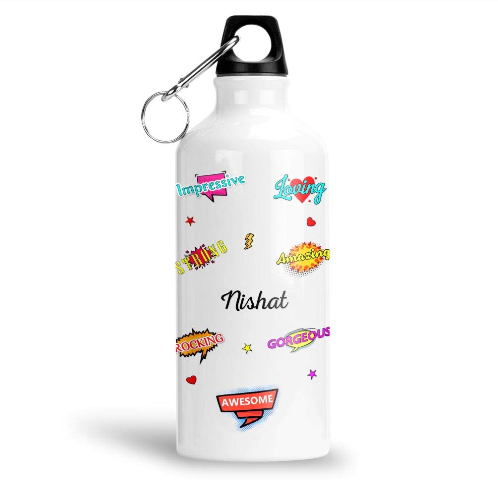 FABTODAYFABTODAY Aluminium White Sipper / Water Bottle 600 ML - Best Personalized Gift for Happy Birthday, Name - Nishat