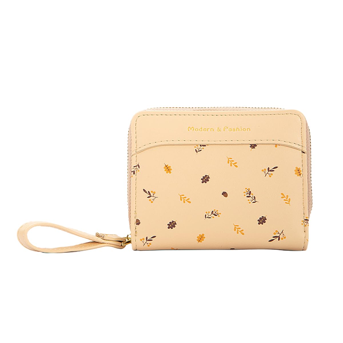 Sunwel Fashion Cute Fallen Leaves Print Wallets with Exterior Zipper Around Coin Purse Bifold Change Wallet with Credit Card Holder Id Window (BEIGE)
