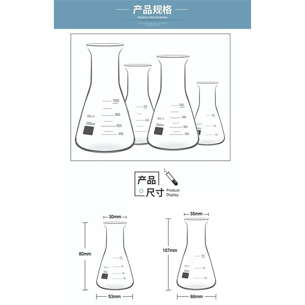 1 matraz Erlenmeyer de vidrio de laboratorio de 50 ml a 2000 ml, recipiente cónico for laboratorio, boca ancha.(2000ml)