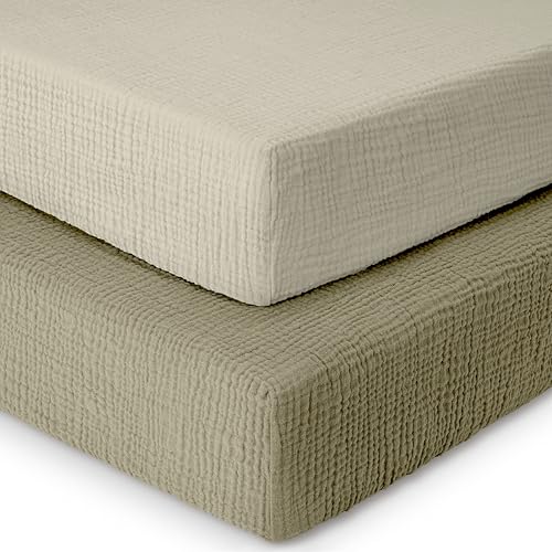 Image of Dreamology Standard Crib Sheets, Muslin Crib Sheets, 2 Pack,100% Cotton Crib Sheet for Boys,Girls, Muslin Crib Sheet for Standard Crib, 52x28 Crib Mattress Sheets | Olive and Ecru