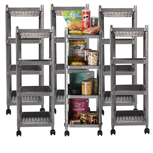 Image of Kuber Industries Pack of 6 Storage Rack with Wheels | 4-Layer Storage Organizer Rack | Kitchen Spice Rack | Multipurpose Layer Storage Rack for Home and Office | Office Storage Trolley | Grey