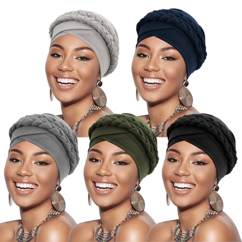 Image of DRESHOW African Women Turban Caps Beanie Twist Headscarf Pre-Tied Double Twisted Braids Headwraps for Women Chemo Cancer Cap