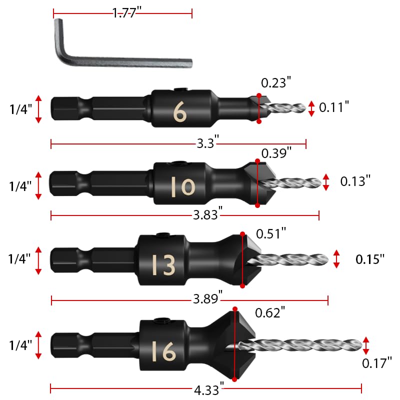 Miniatura 2 de Juego de brocas avellanadas, brocas cónicas, juego de brocas avellanadas, vástago hexagonal de 14 de pulgada, cambio rápido para carpintería, juego