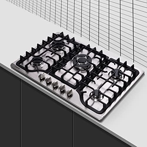 Tymetik 30 Inch Gas Cooktop, 5 High Efficiency Burners Gas Stovetop Built-In Stainless Steel Gas Stove Propane/Natural Gas Convertible Gas Hob #TOP5