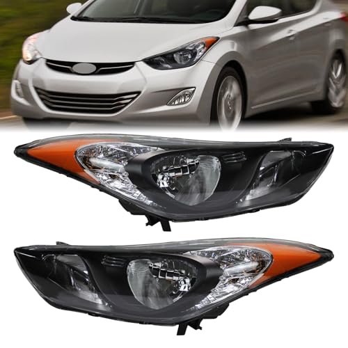 Headlight Headlamps Assembly Compatible with 2011-2013 Hyundai Elantra US Built 92101-3Y000 92102-3Y000 Direct Replacement (Black Housing)