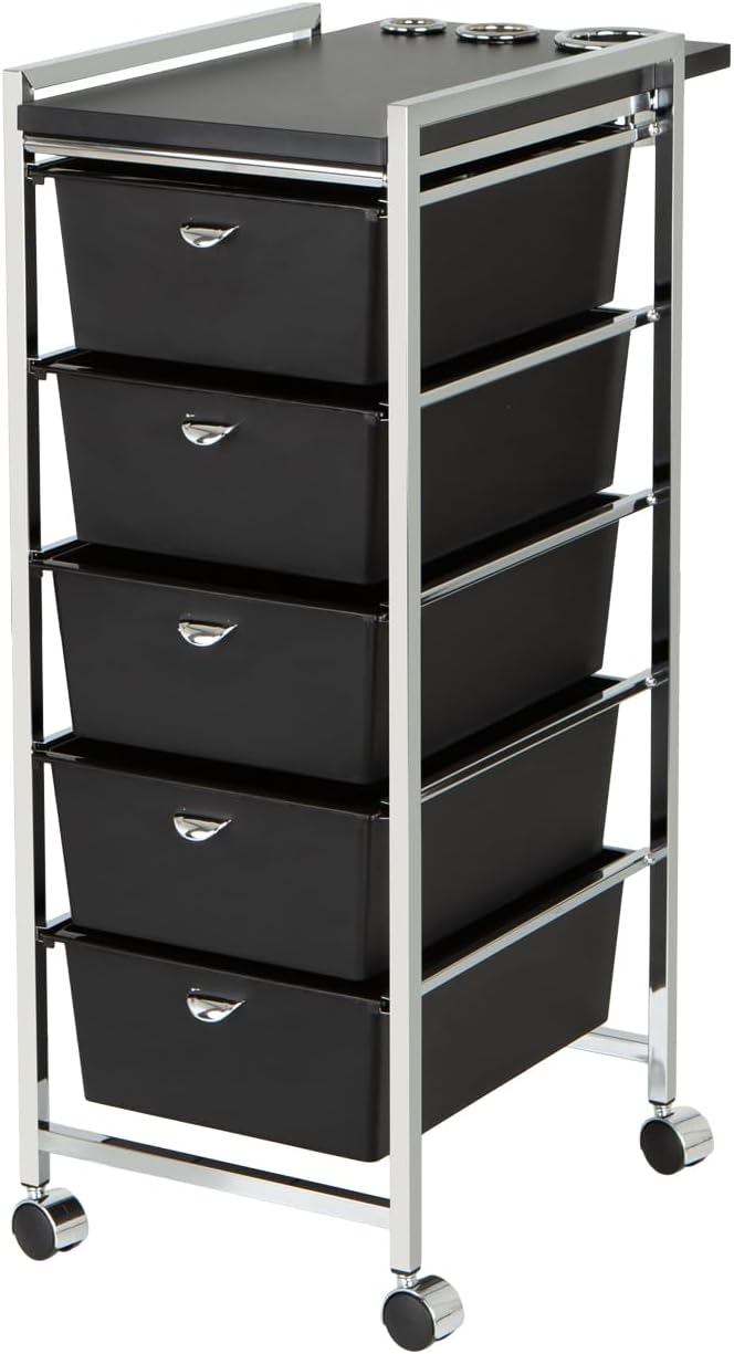 Pibbs D29-BLK 5-Tier Professional Salon Utility Cart with Wheels - Black Styling Station with Metal Appliance Holders, Extra-Large Work Surface & 5 Removable Storage Drawers – Durable & Mobile