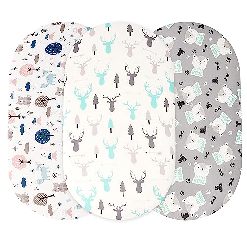 Image of Baby Bassinet Sheets Stretchy Soft for Oval Hourglass Rectangular Bassinet Mattress Pad, Stylish Boho Mattress for Baby Bassinet Mini Crib Sheets 3 Pack