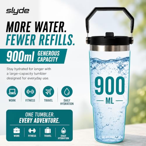 Image of Slyde 900ml Stainless Steel Insulated Tumbler with Handle & Flip Straw Lid | Double Wall Vacuum Flask | Hot & Cold Water Bottle | Leakproof Travel Mug | BPA Free Aqua Blue
