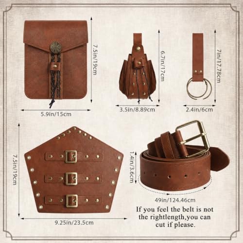 Image of Renaissance Pirate Belt Pouch with Coin Purse Skirt Hike Bracers | 6pack Medieval Viking Pirate Belt Pouch for Halloween Cosplay Ren Faire Accessories,Brown.
