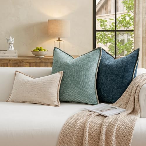 Image of a moment Pack of 2 Decorative Chenille Throw Pillow Covers with Twill Cushion Covers for Sofa Living Room Couch Bed 20x20 Inch,Crafted Border Blue