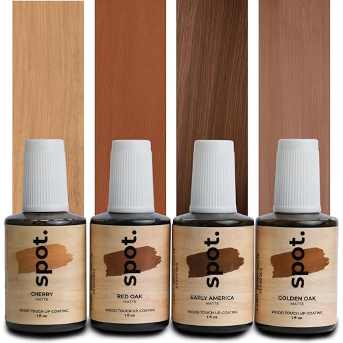 Light Brown Wood Stain Repair Kit, Brush-On Touch-Up Stain Bottles, Golden Oak, Early America, Cherry, Red Oak, Interior and Exterior Wood, 4 fl oz Total by spot.