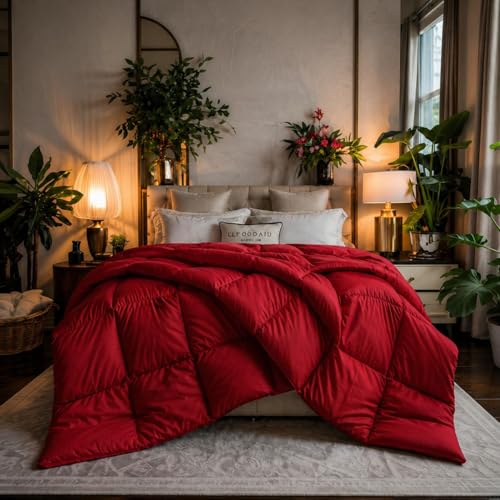 Image of Luxury Hotel Collection Cotton Comforter | All-Season Lightweight Quilt for Hot Sleepers | Plush, Breathable & Box-Stitched (Queen) Blood RED