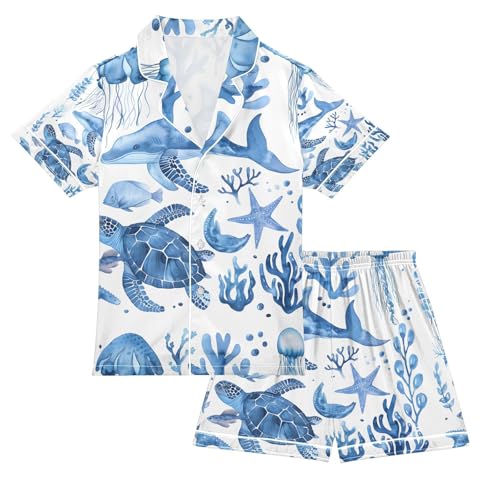 senya Sea Turtle with Whale Satin Summer Pajama Sets Silk Short Sleeve Button Down Sleepwear