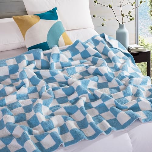 Image of Elegant Comfort Checkered Throw Blanket, Aqua Super Soft Cozy Fluffy Warm Throw Blankets for Couch, Sofa, Chair, Bed, Camping, Picnic, Travel Lightweight Bed Blanket (50 inch x 70 inch)
