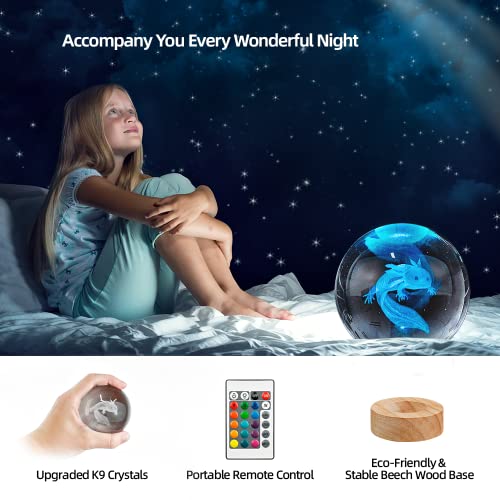Image of 3D Axolotl Crystal Ball Night Light with 16 Color LED Wooden Base, Upgraded 3.15 Inch Axolotl Glass Ball Lamp with Remote Control Cool Desk Decor Gifts for Kids Girls Boys Friends Fans