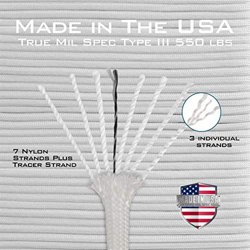 Extremus True Mil Spec 5040 Paracord, Made In The Usa, Military Grade 550 Lbs Breaking Strength, 7 Twisted Nylon Strands Plus Tracer Strand, Uv Resistant, Color Fast, White, 50 Feet #TOP2