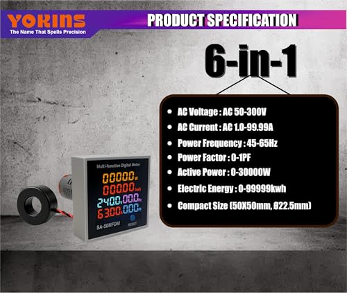 Image of YOKINS 6-in-1 Digital Multi-Function Power Meter | Multi-Function Energy Monitor with Voltage (AC 50-300V), Current (0-99.99A), Power, Frequency, Power Factor & kWh Display | Color LCD
