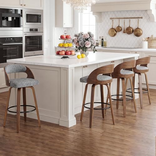 Image of AQG Swivel Bar stools Set of 8 Bar Chairs 26 inch Counter Height Mid-Century Modern Bentwood Barstool Faux Linen Upholstered Bar Chair with Back and Footrest, for Bar, Cafe, Dining, Kitchen Island, Gray