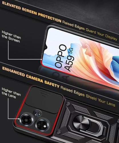 Image of WOW IMAGINE Tough Armor Bumper Mobile Back Case for Oppo A59 5G | Sliding Camera Shield Cover | Shock Proof 360 Protection | Hybrid PC + TPU | Ring Holder with Kickstand - Black