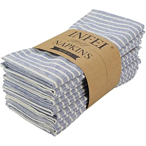 INFEI Plain White Striped Cotton Blended Dinner Cloth Napkins - Set of 12 (40 x 30 cm) - for Events & Home Use (Blue) Cover
