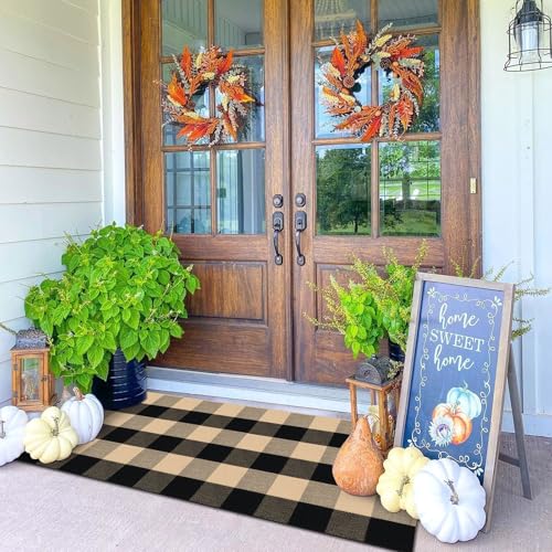 KOZYFLY Buffalo Plaid Area Rugs 2x4.3 Ft Brown and Black Checkered Rug Washable Front Door Mat Hand Woven Cotton Outdoor Rugs Small Rug for Front Porch Kitchen Entryway Patio Bathroom