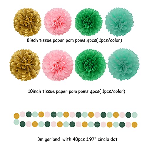Image of Sage-Green Pink Mint Gold Birthday Decorations - 31pcs Party Kits Happy Birthday Banner Flags,Tissue Paper Pom Poms,Circle Dots Garland,Tassel Streamers,40th 50th Women Men Birthday Decor Panduola