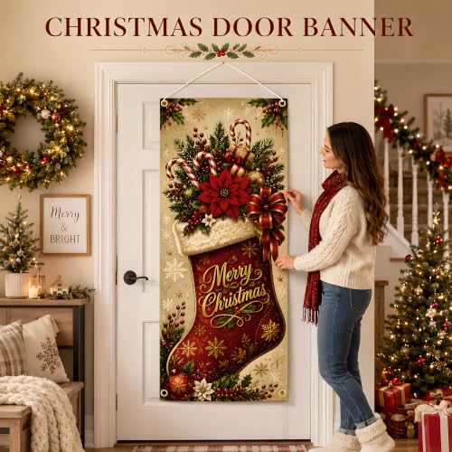 Image of Christmas Decorations - Merry Christmas Stocking Candy Cane Door Cover