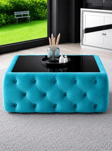 Image of Premium Tufted Upholstered Coffee Table with Mica Top - Modern Square Ottoman Center Table, Soft Velvet Finish, Luxury Living Room Furniture - 30 x 30 x 18 Inch (Sea Blue)