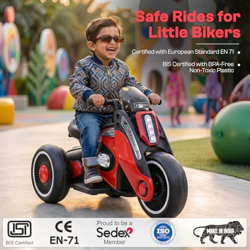 Image of Toyzone Rambo Electric Bike (Red) | 12V Rechargeable Bike for Kids with 4.5Ah Battery | LED Lights, Music, MP3| Smooth Acceleration | 6M Battery Warranty | for Big Kids Age 4-12 Years, Up to 35kg