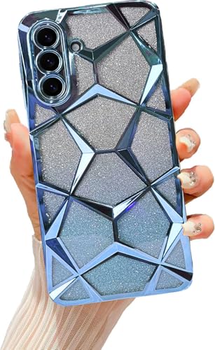 Image of VONZEE Gradient Glitter Case for Samsung A36, Luxury Electroplated 3D Cube, Diamond Bling Shiny Soft TPU Clear Shockproof Women Girls Protective Phone Cover (Sierra Blue)