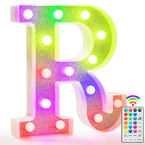 Image of Colorful Light Up Letters, Glitter LED Letter Lights 18 Color Changing Shiny Alphabet Sign Gifts for Girls Women Party Birthday Decorations Remote Night Light Christmas Valentine Wall Table Decor - R