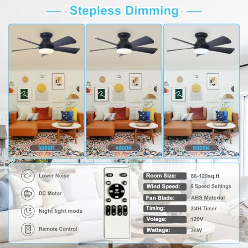Image of Depuley Modern Ceiling Fan with Light: 35-Inch Black Small Fans for Bedroom Indoor Outdoor - Dimmable Low Profile Ceiling Fans with Remote Control Flush Mount 5 Reversible Black Blades 6 Speeds Timer