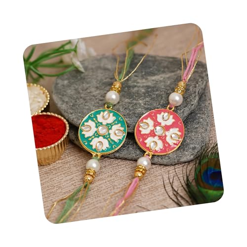 Image of eCraftIndia Set of 2 Light Blue Golden Premium Designer Rakhi for Brother Bhaiya Bhai | Roli Chawal Pack | Rakhi Combo
