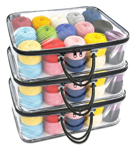 DARENYI Lot de 3 Organiseurs de Rangement Transparents pour Fils, Sac de Rangement pour Laine avec Fermetures Éclair et Poignée, Sacs à Tricoter pour...