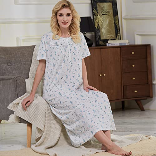 Keyocean Women Nightgowns, Soft Comfortable 100% Cotton Short Sleeves Ladies Nightdress, Blue Floral, Xx-Large (Xxl) #TOP2