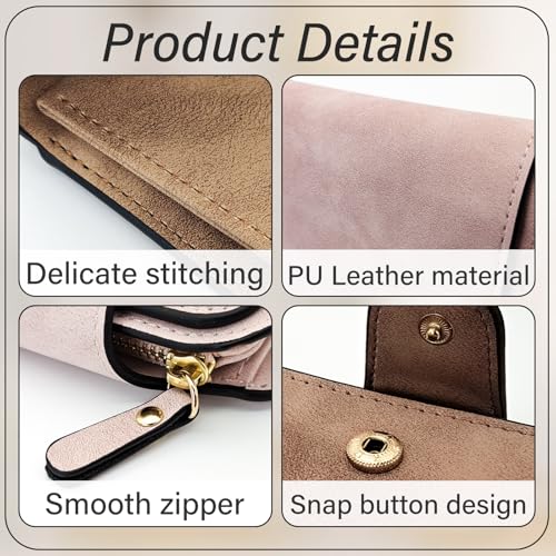 PU Leather Wallet for Women, Stylish Ladies Walletwith Multi Card Slots Zipper Pocket Cash Compartment ID Window (Pink)3