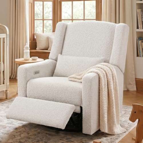 Image of Power Recliner Chair Swivel Gilder Rocking Chairs Skin-Friendly Power Recliner Nursery Chair for Adults with Waist Pillow, USB Charging (Beige, Only Recliner Chair)