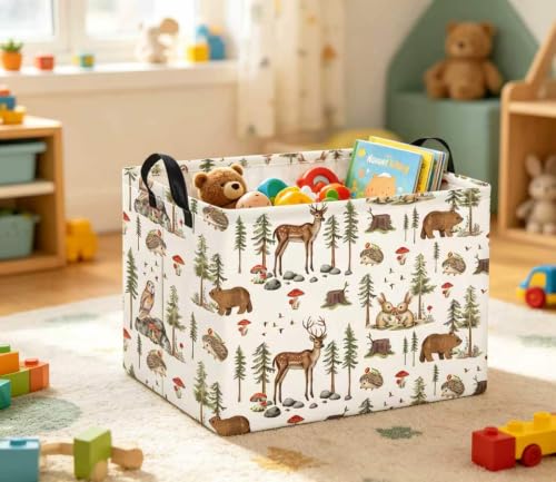 Image of Rectangular Baby Kids Storage Basket for Home Kitchen Girls Cute Toy Storage Bin Organizer Shelf Book Room Decor(Pine Tree Animal)