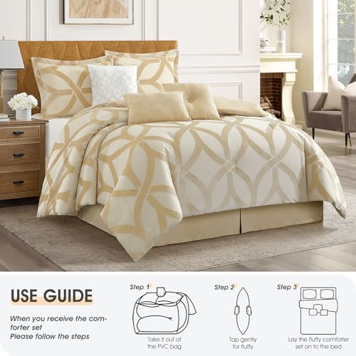 Image of LANCO MODERN LIFESTYLE 7 Piece Gold Comforter Set, California King, Jacquard Geometric Pattern, Bed in a Bag, Cut Velvet Luxury Bedding All Seasons with Pillow Shams, Decorative Pillows and Bed Skirt