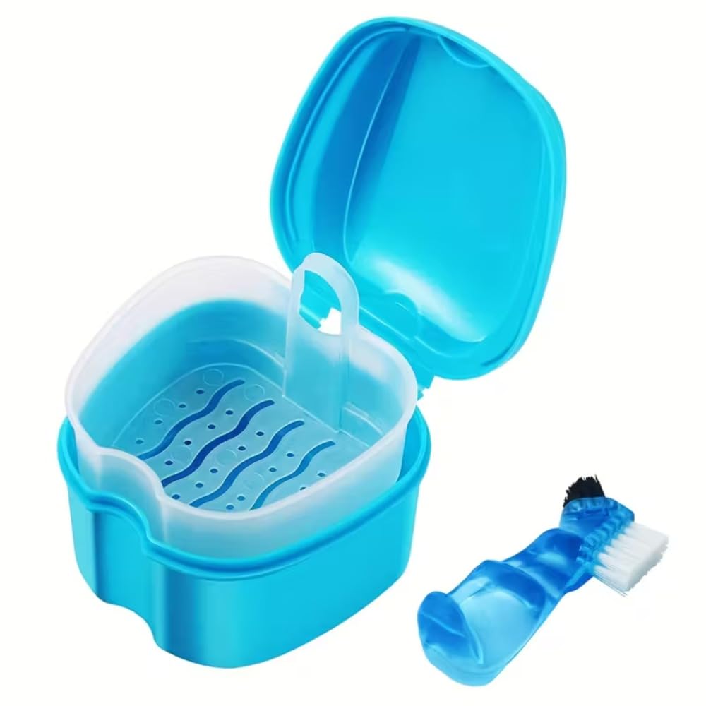 Portable Dentures Holder Waterproof Denture Case with Brush Dental Cup Holder Hygienic Storage Box Lid Window blue